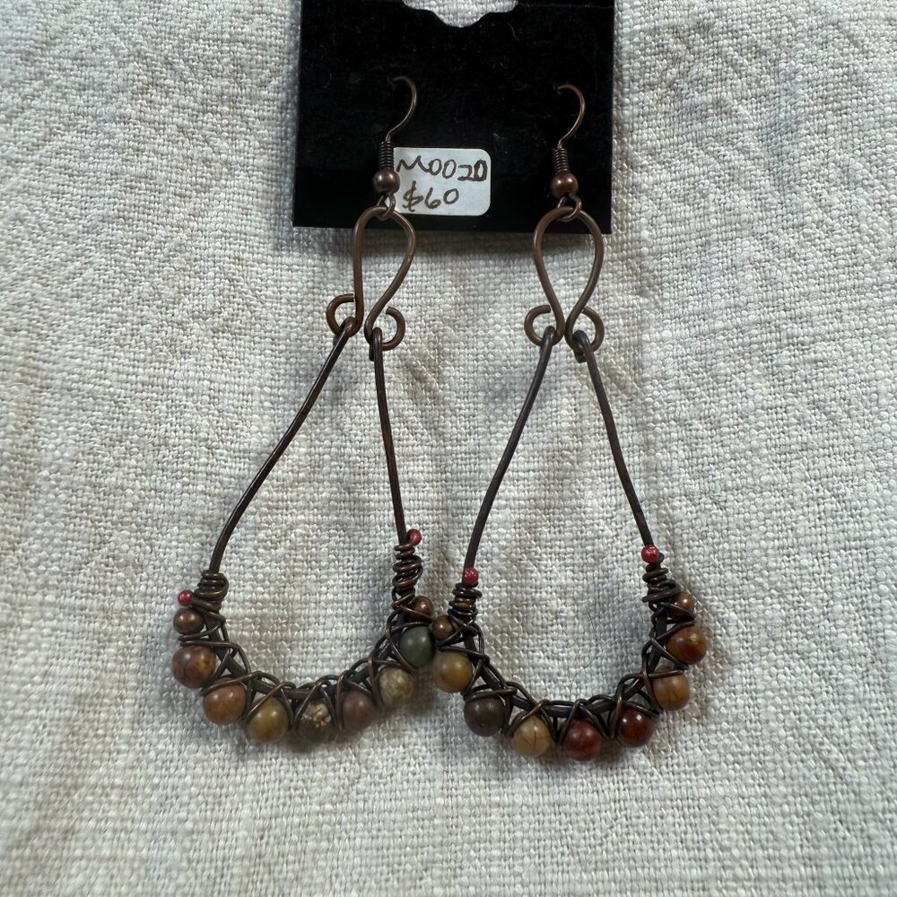 Artisan Wire Wrapped Mixed Jasper Bead Crescent Chandelier Dangle Earrings